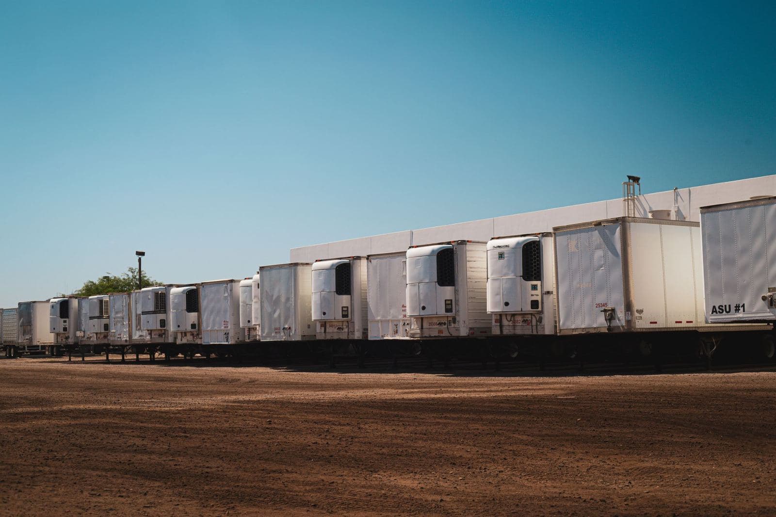 Row of refrigerated reefer trailers parked in a yard